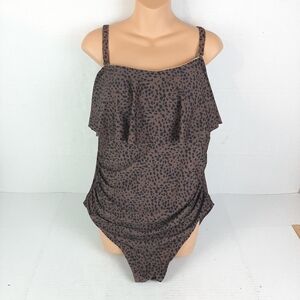 🛍KONA SOL Womens 20W Brown Leopard Animal Ruffle One Piece Swimsuit C1